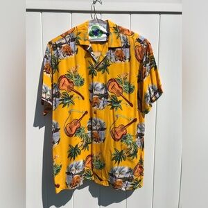 Thumbs Up Hawaiian Shirt Mens L Yellow Ukele Palm Camp Shirt 100%Rayon